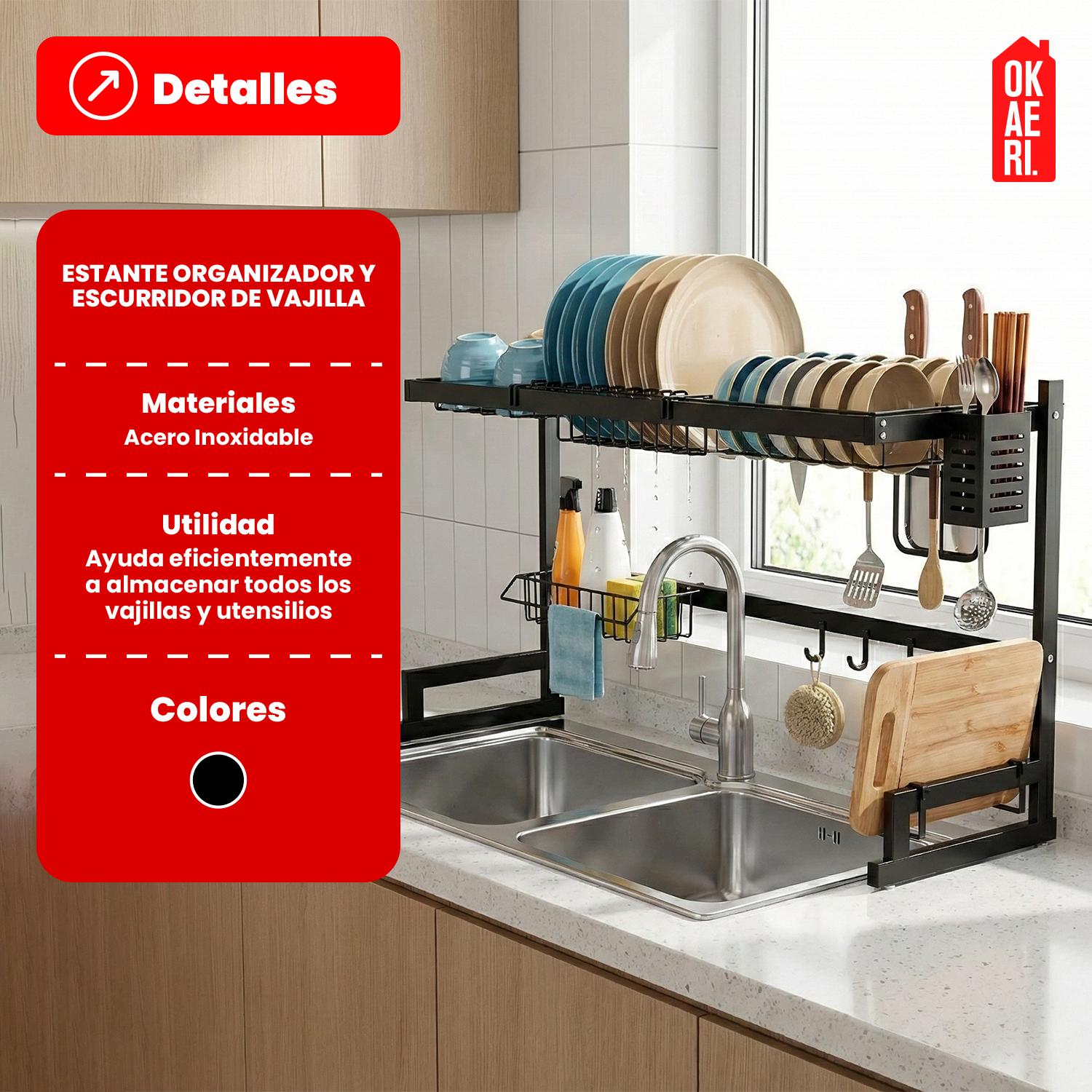 ESCURRIDOR DE PLATOS XL 2 NIVELES OKAERI ANTIOXIDANTE NEGRO - 3