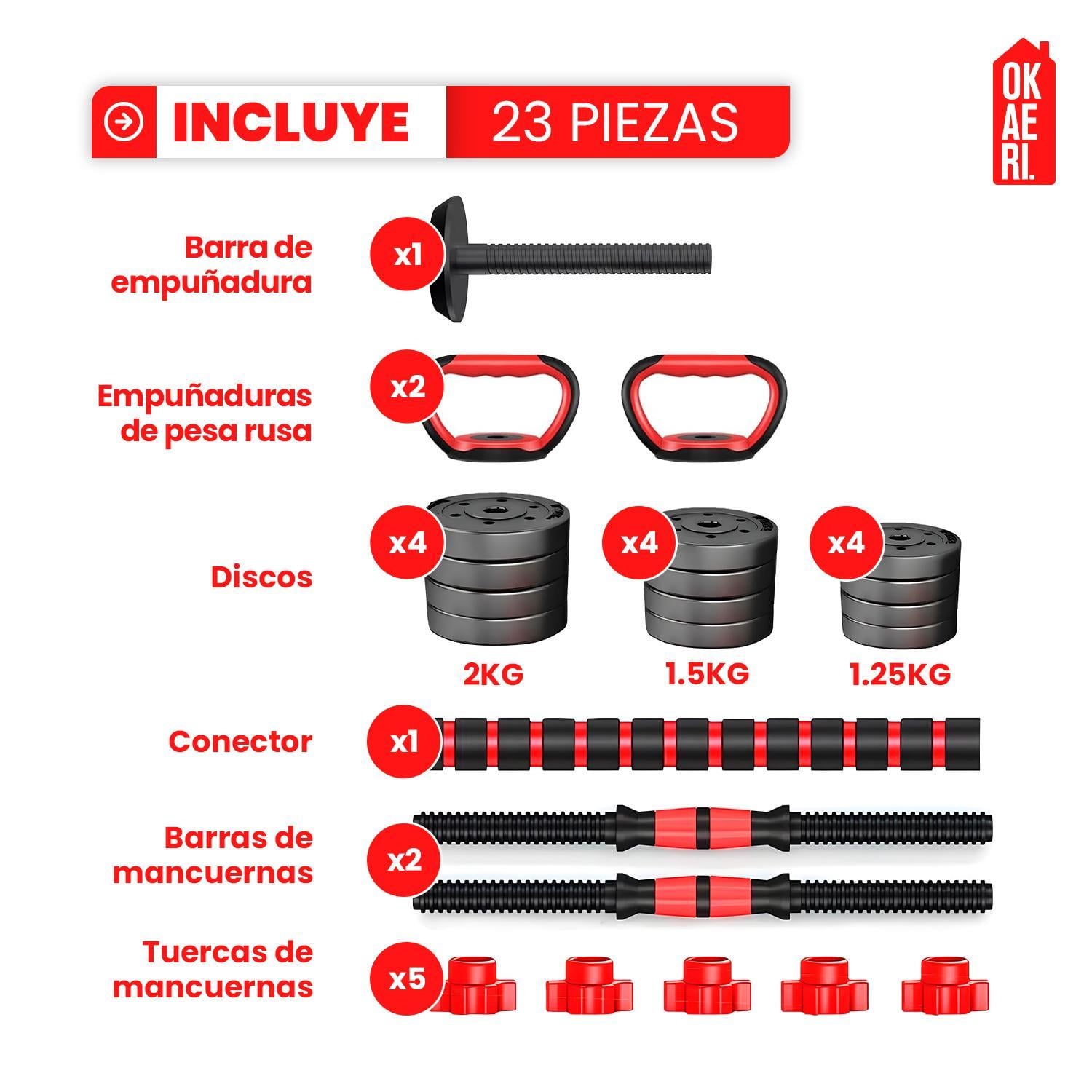 SET MANCUERNA AJUSTABLE 20KG PESA RUSA, BARRA EXTENSION MARCA OKAERI - 2