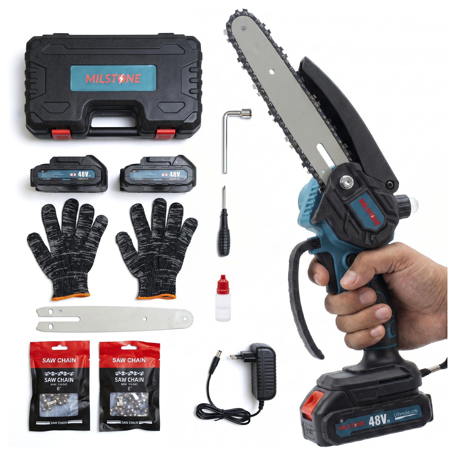 MOTOSIERRA INALÁMBRICA DE MANO 6 PULGADAS + 2 BATERÍAS Y ACEITE - 1