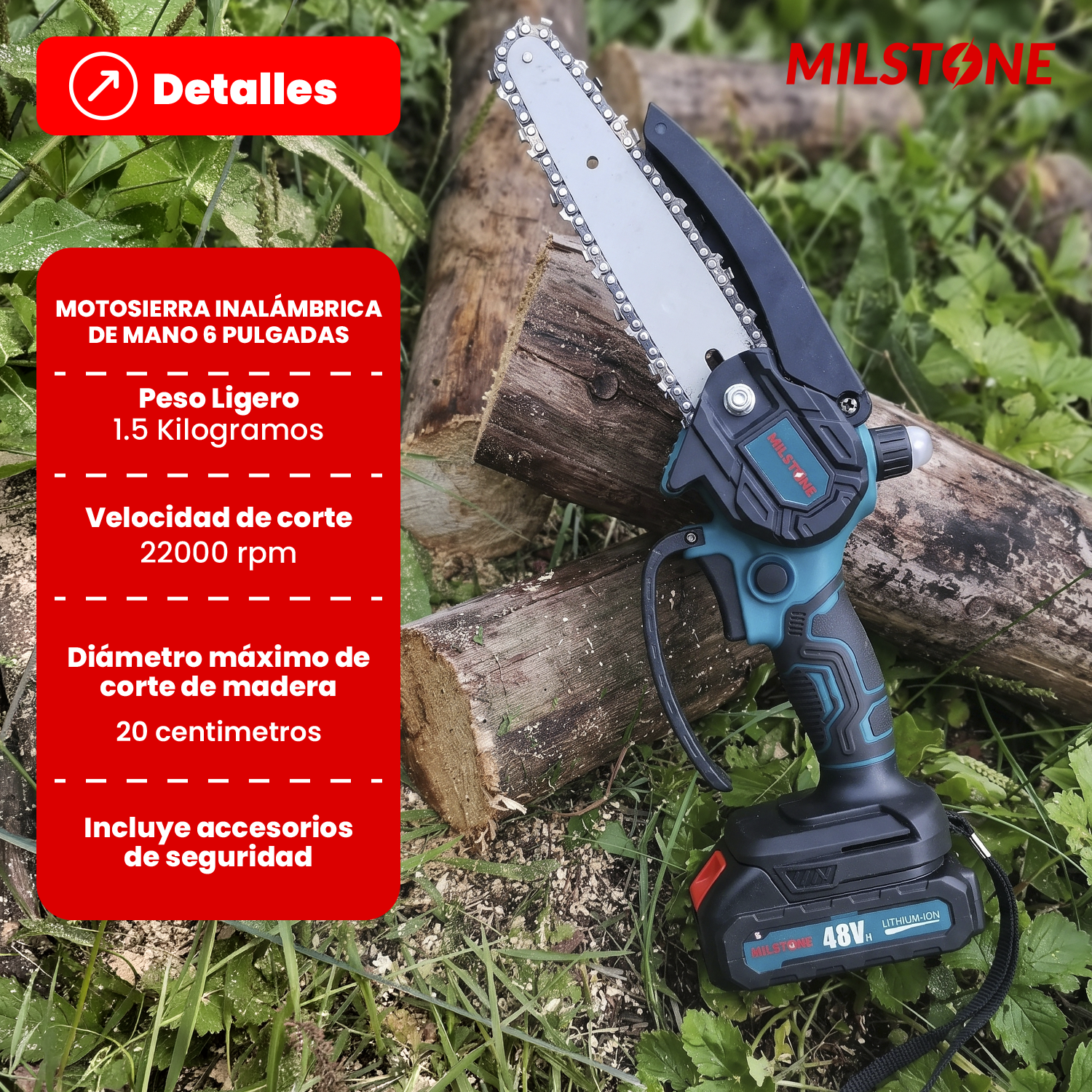 MOTOSIERRA INALÁMBRICA DE MANO 6 PULGADAS + 2 BATERÍAS Y ACEITE - 2