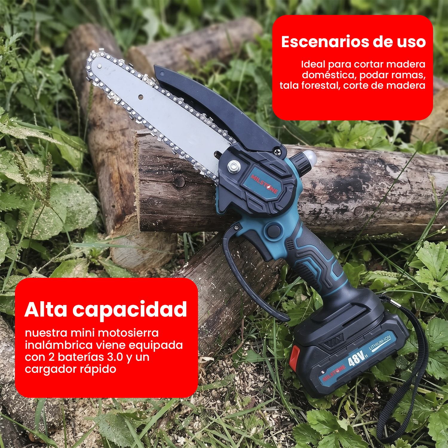 MOTOSIERRA INALÁMBRICA DE MANO 6 PULGADAS + 2 BATERÍAS Y ACEITE - 3
