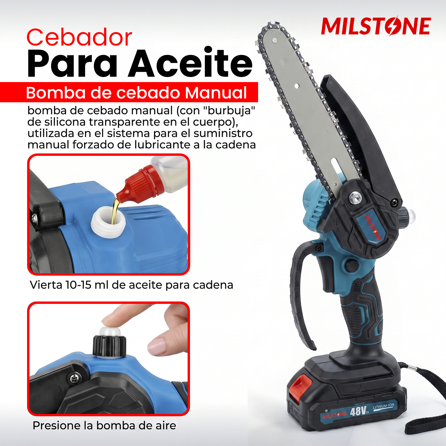 MOTOSIERRA INALÁMBRICA DE MANO 6 PULGADAS + 2 BATERÍAS Y ACEITE - 5