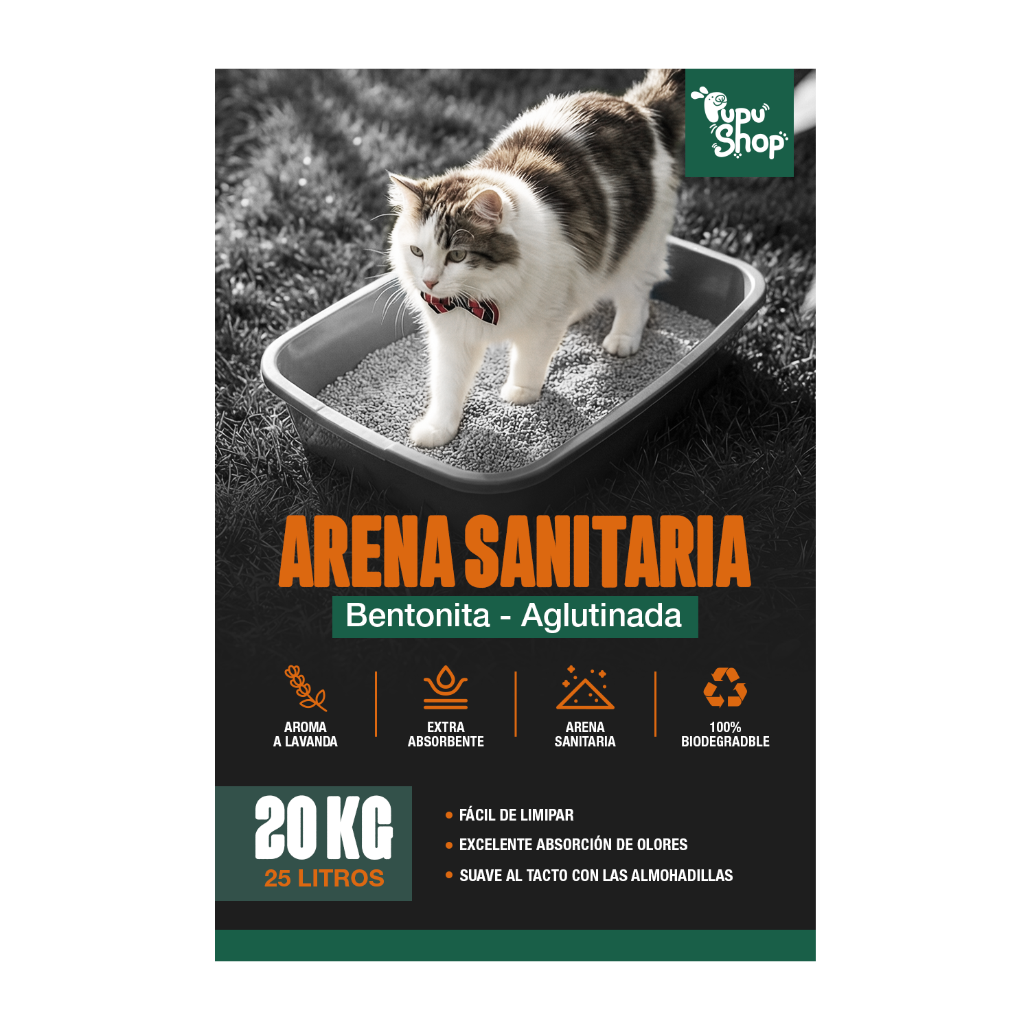 ARENA SANITARIA PARA GATOS 20KG / 25LTS BENTONITA - 2