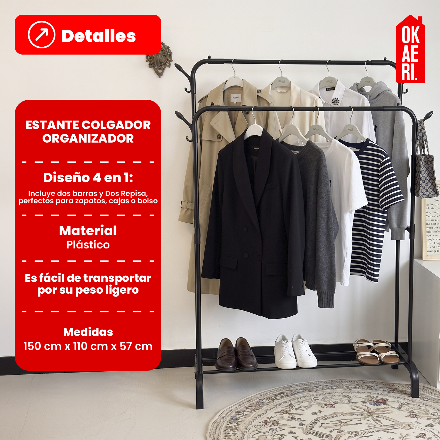 COLGADOR DOBLE METALICO ORGANIZADOR DE ROPA PERCHERO NEGRO ESTANTE - 2