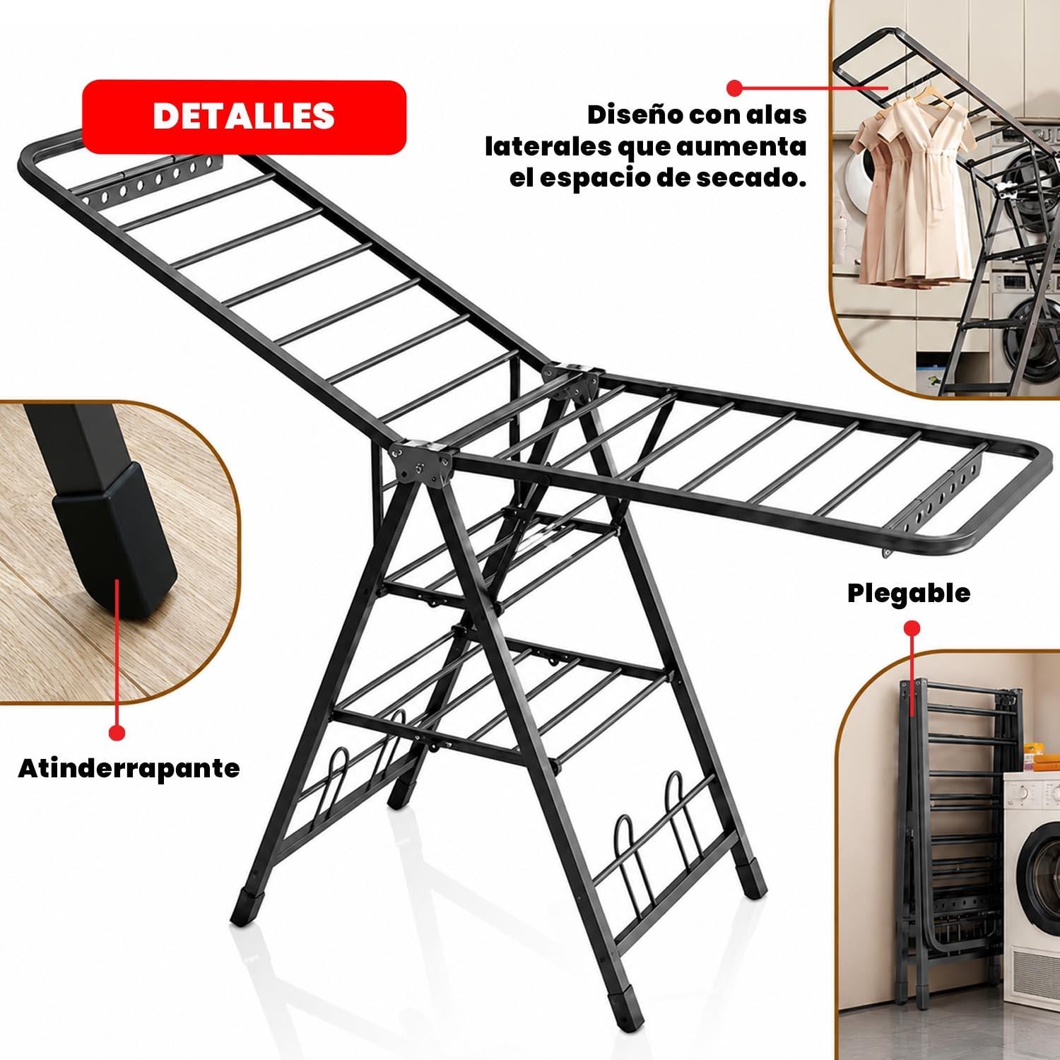 TENDEDERO PLEGABLE ACERO INOXIDABLE 170CM NEGRO - 7