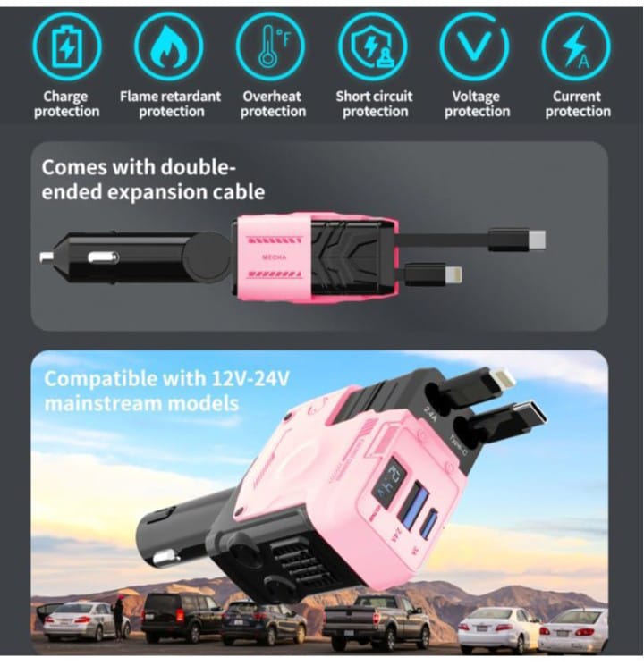 CARGADOR DE CELULAR CON CABLES RETRACTIL CARGA RAPIDA - A1 PINK - 2