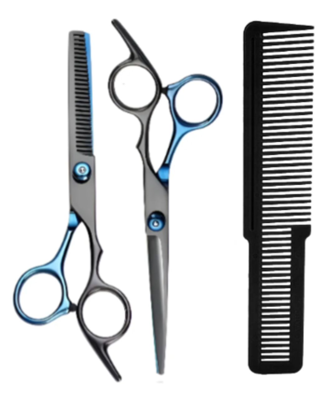 KIT DE TIJERAS AZUL-NEGRO CORTE PULIDO CON PEINE PELUQUERIA BARBERIA - 1