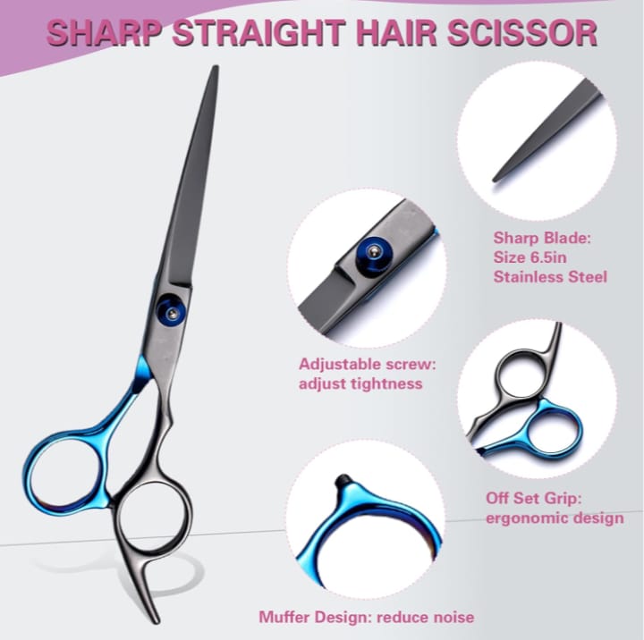 KIT DE TIJERAS AZUL-NEGRO CORTE PULIDO CON PEINE PELUQUERIA BARBERIA - 2