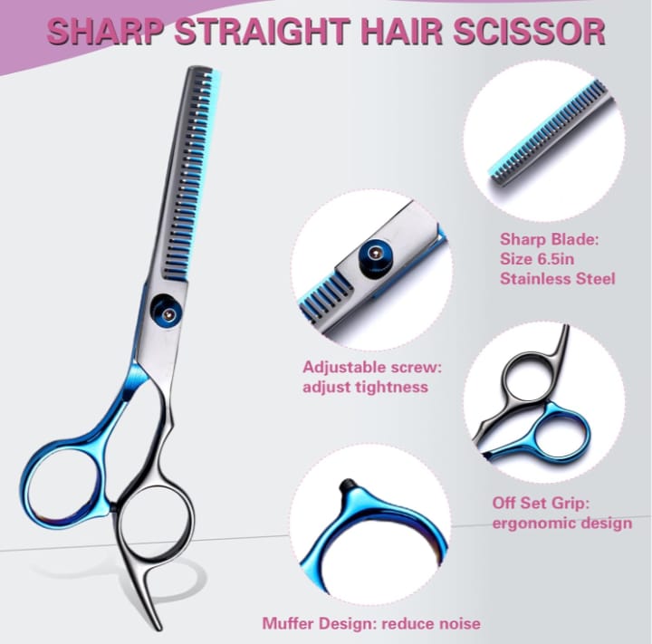 KIT DE TIJERAS AZUL-NEGRO CORTE PULIDO CON PEINE PELUQUERIA BARBERIA - 3
