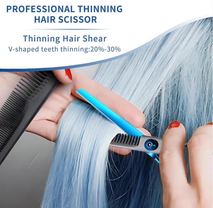 KIT DE TIJERAS AZUL-NEGRO CORTE PULIDO CON PEINE PELUQUERIA BARBERIA - 5