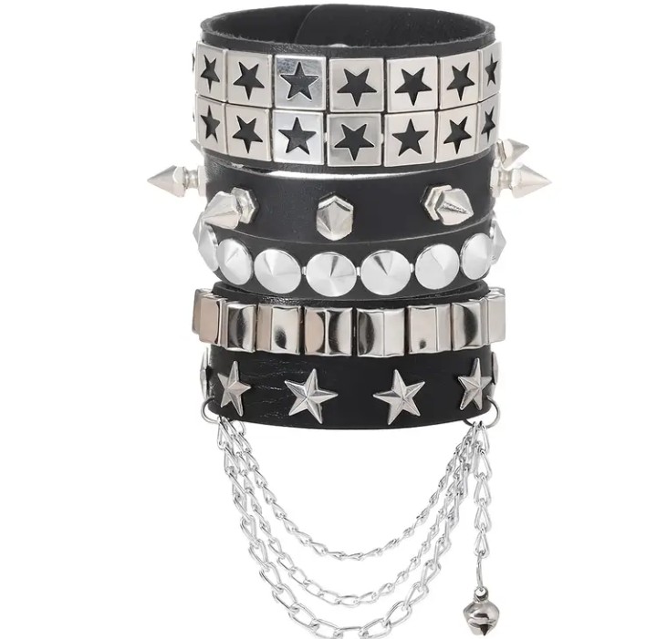 SET DE 4 PULSERAS DARK PUNK EN RELIEVE CON CADENA - 1