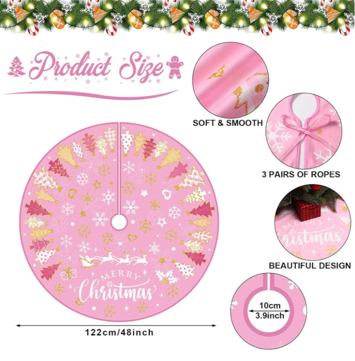FALDA DE ARBOL MERRY CHRISTMAS ROSADO 122 CM - 4