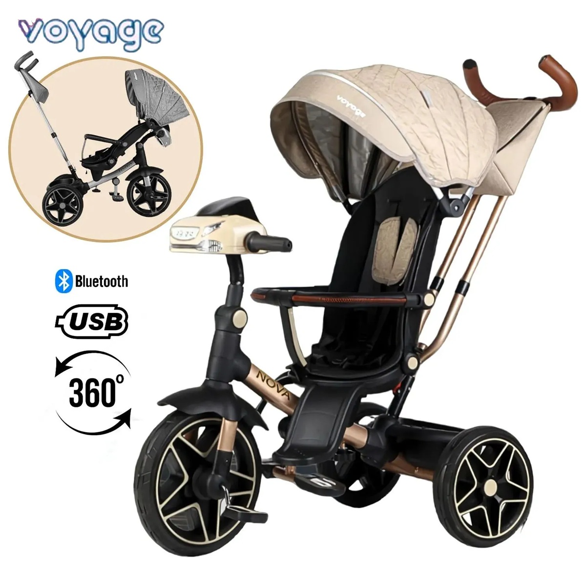 TRICICLO NOVA GIRATORIO 360° USB BLUETOOTH TELA UV BEIGE - 1