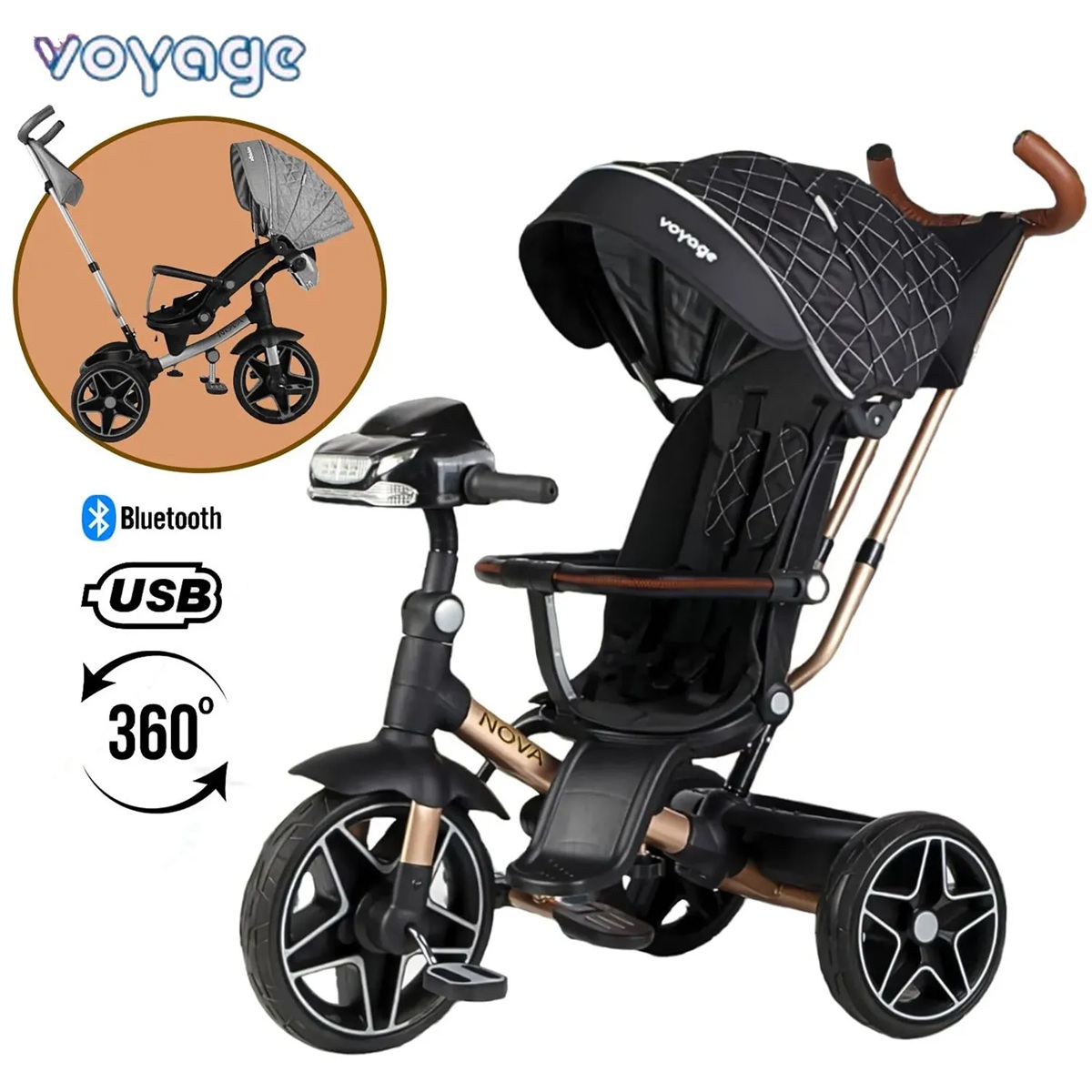 TRICICLO NOVA GIRATORIO 360° USB BLUETOOTH TELA UV NEGRO - 1