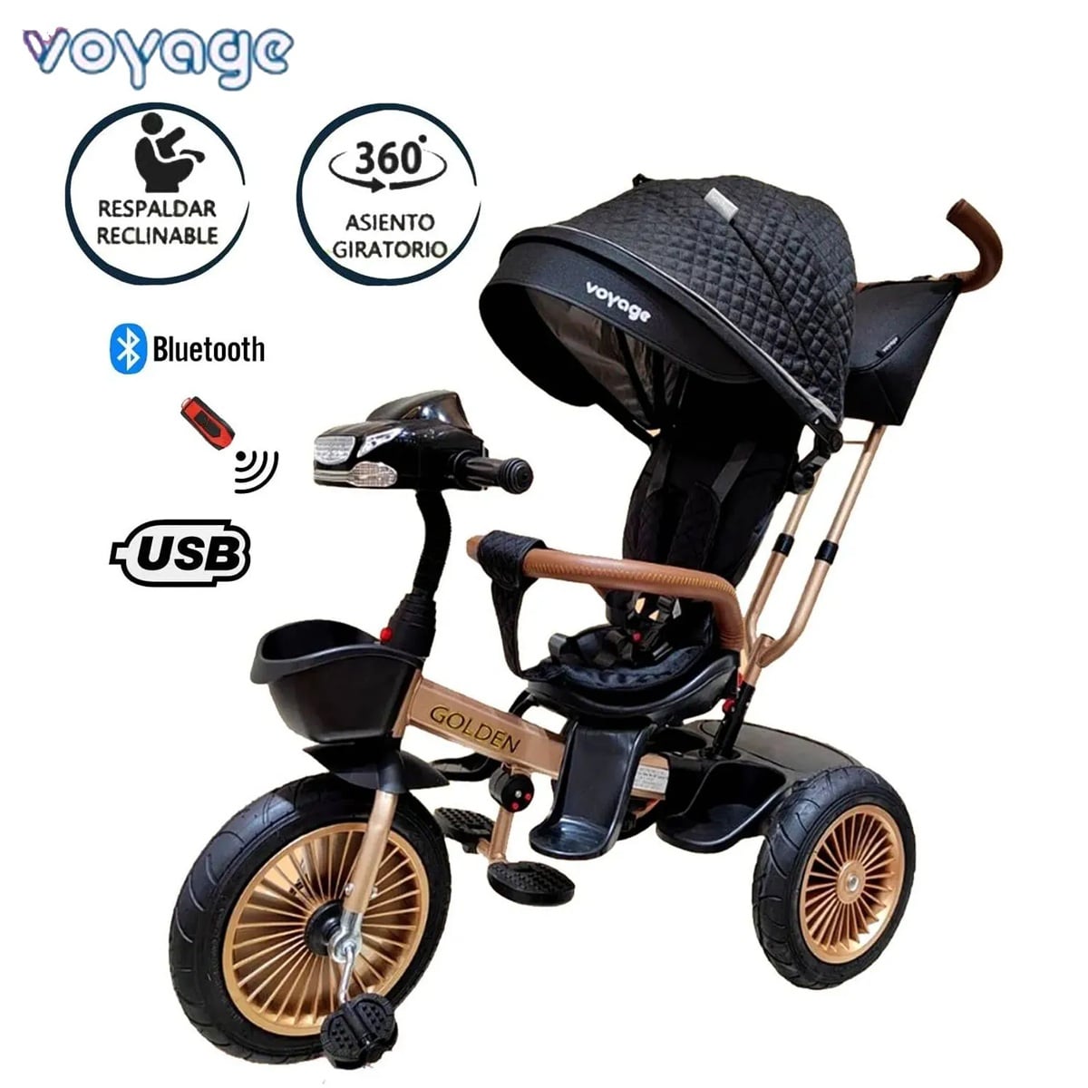 TRICICLO ASIENTO GIRATORIO GOLDEN CON TELA UV NEGRO - 1