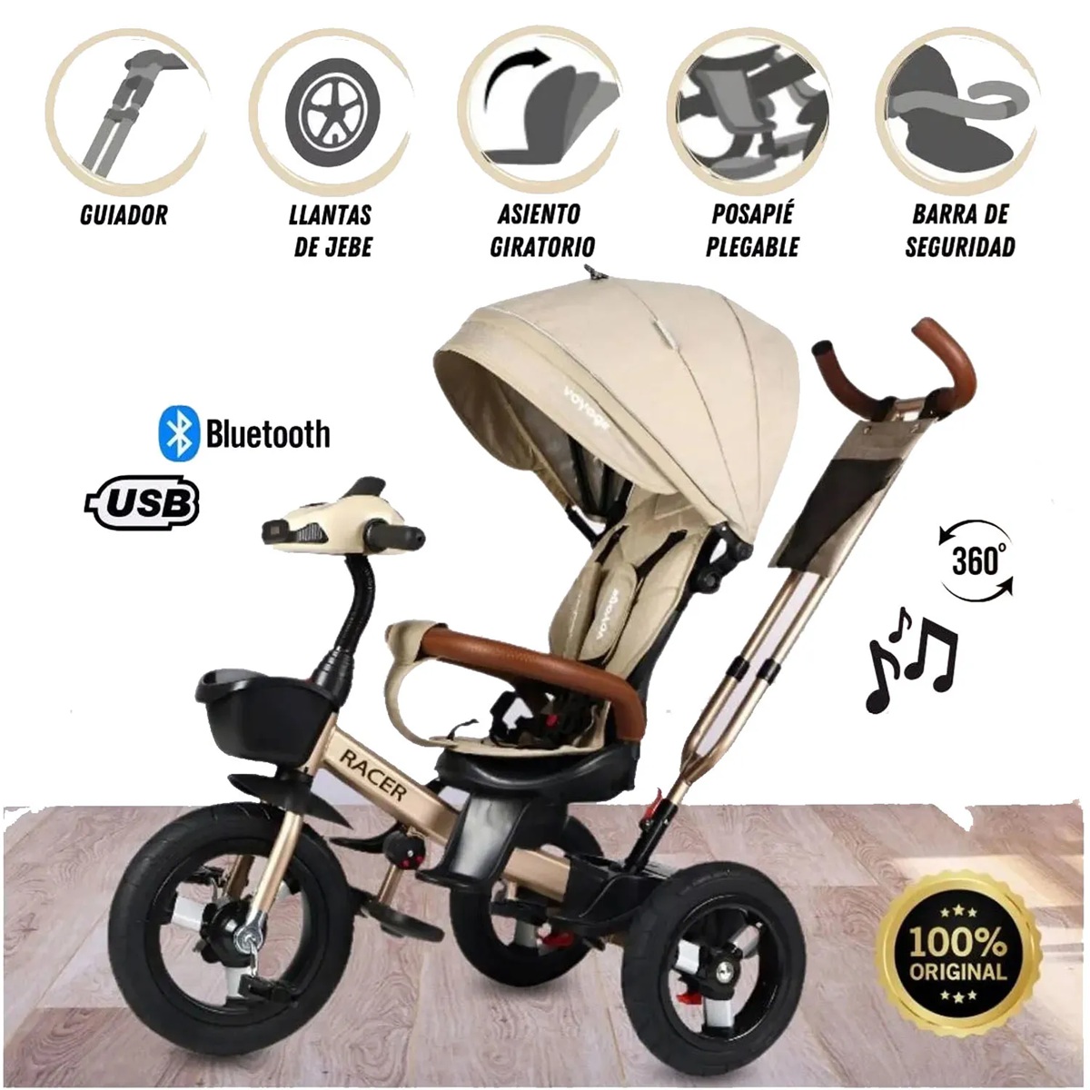 TRICICLO GUIADOR PARA NIÑOS USB Y BLUETOOH RACER BEIGE - 1