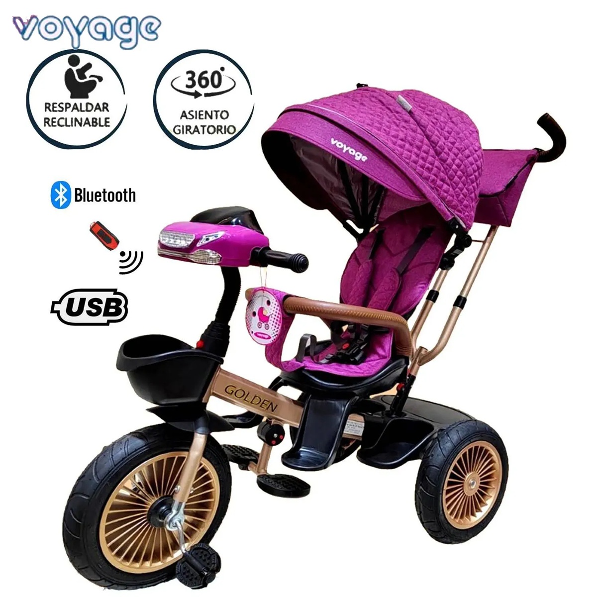 TRICICLO ASIENTO GIRATORIO GOLDEN CON TELA UV FUCSIA - 1