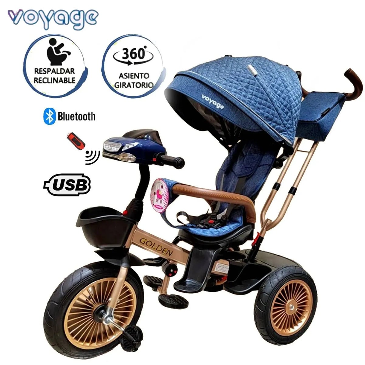 TRICICLO ASIENTO GIRATORIO GOLDEN CON TELA UV AZUL - 1