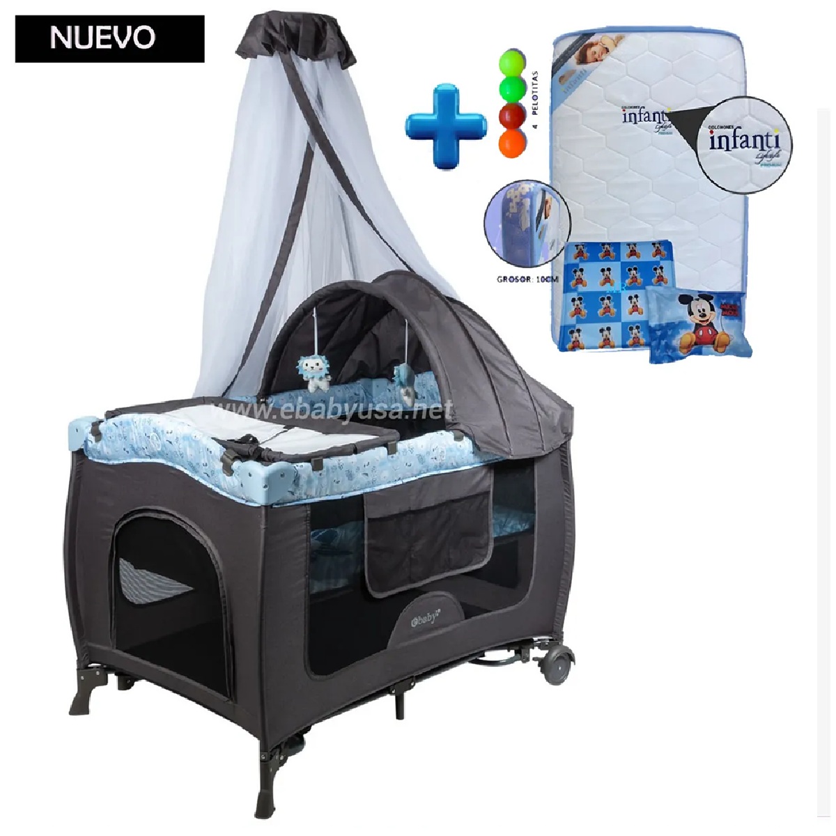 CUNA CORRAL MECEDORA SALLY 716-4 AZUL +COLCHÓN DE BEBE DELUXE - 1