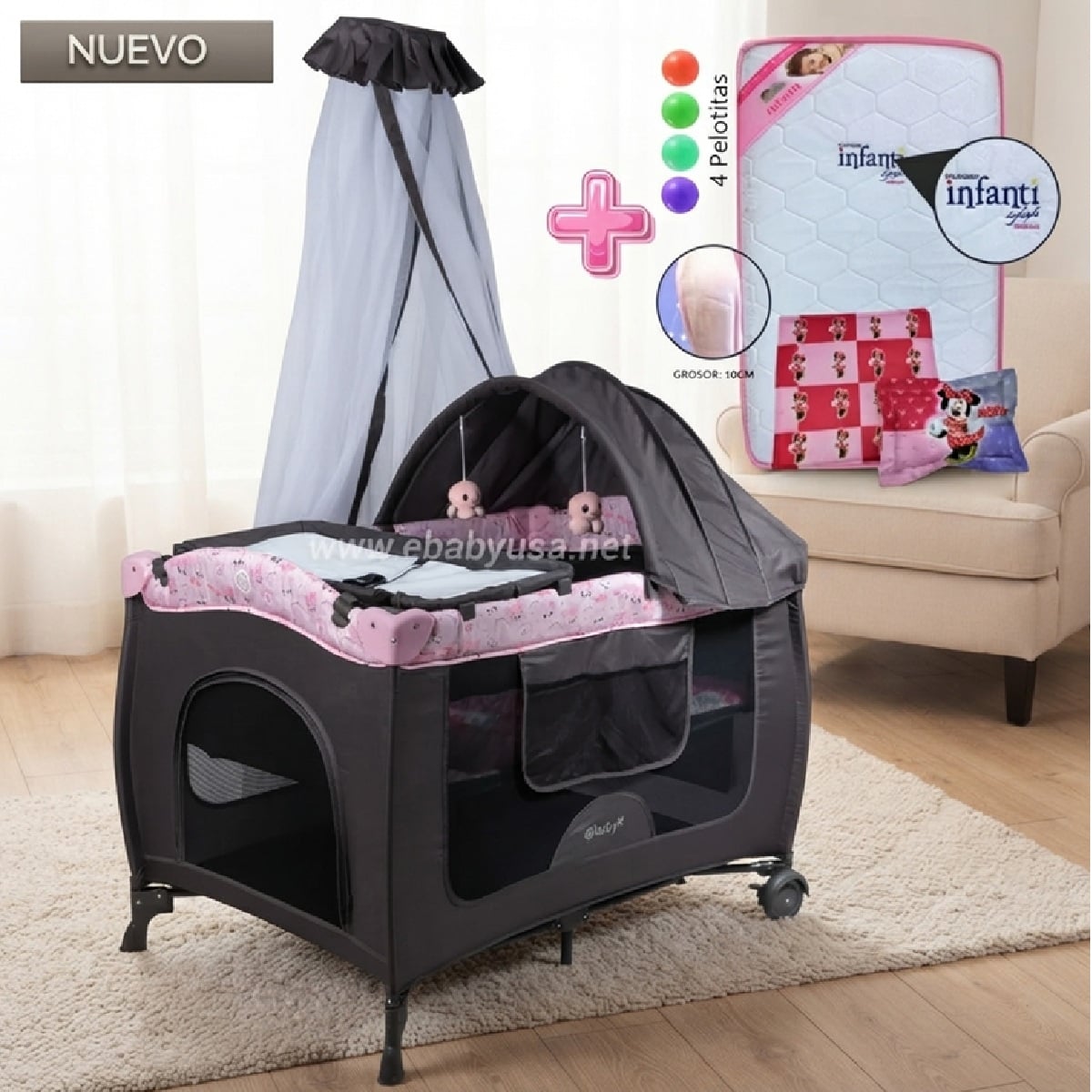 CUNA CORRAL MECEDORA SALLY 716-4 ROSADO +COLCHÓN DE BEBE DELUXE - 1