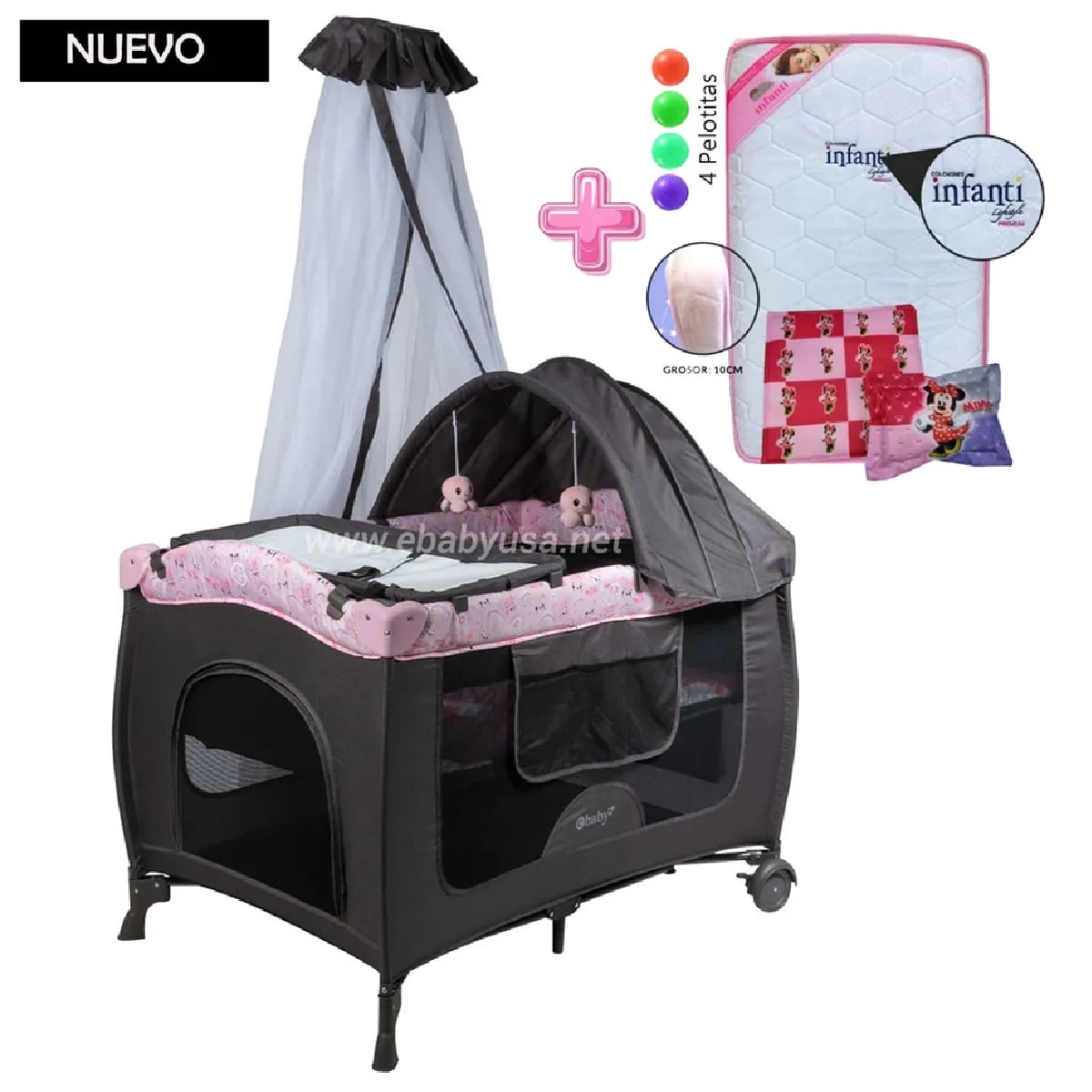 CUNA CORRAL MECEDORA SALLY 716-4 ROSADO +COLCHÓN DE BEBE DELUXE - 3