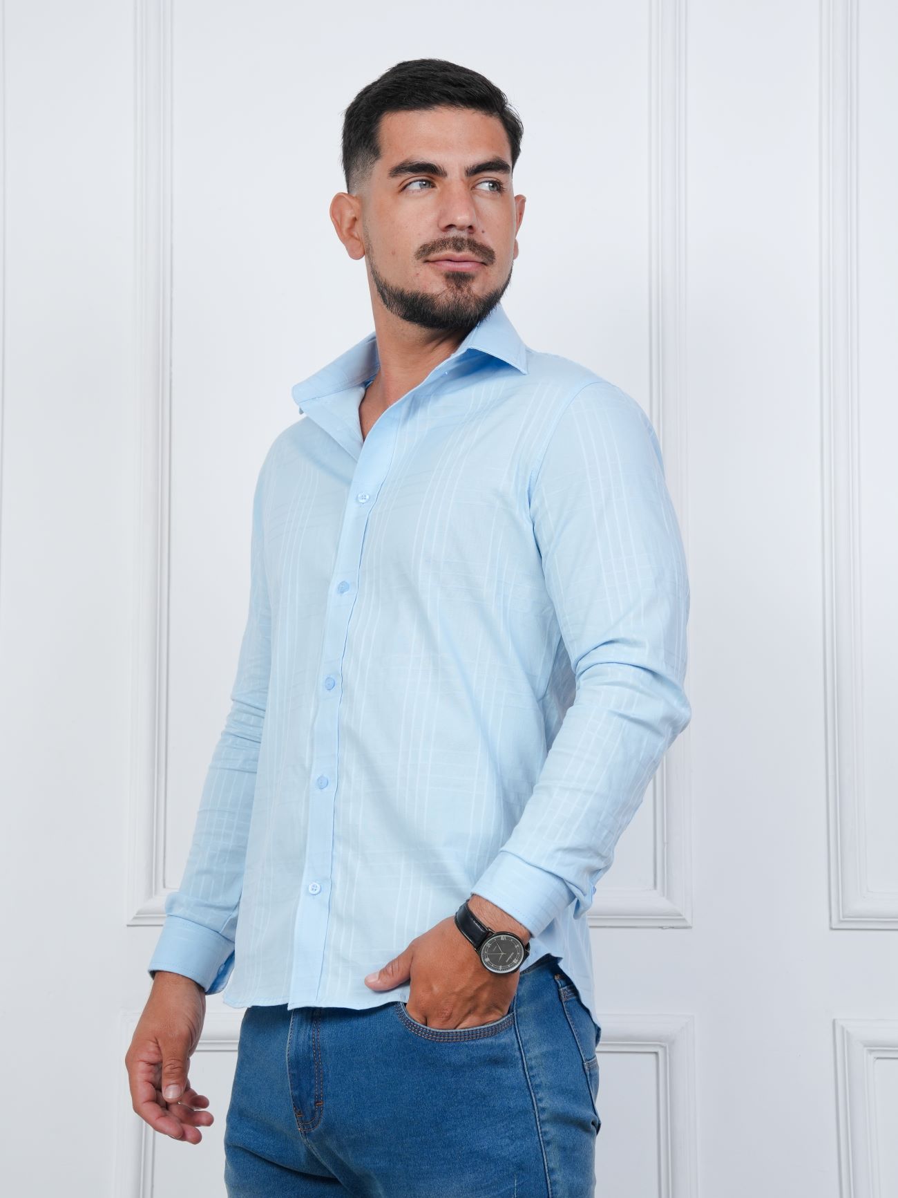 CAMISA HOMBRE MEHIVIC SLIM FIT RAYAS PREMIUM 100% ALGODÓN NACIONAL MANGA LARGA - 1
