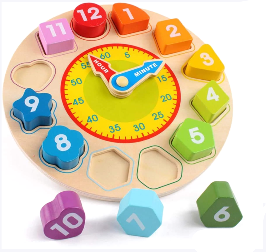 JUEGO DIDACTICO RELOJ DE MADERA CON BLOQUES DE ENCAJE - 1