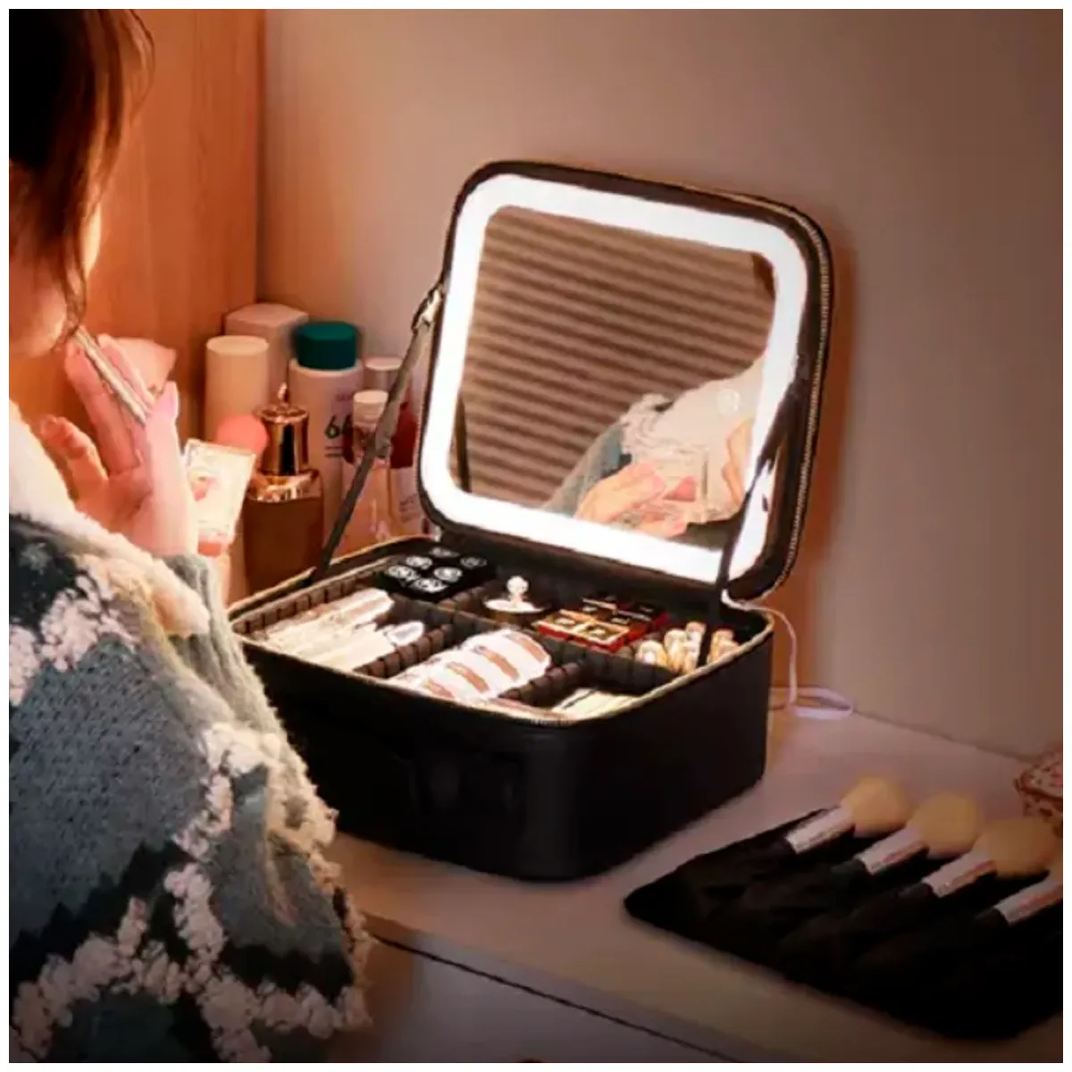 ORGANIZADOR DE MAQUILLAJE CON ESPEJO LED RECARGABLE LUZ AJUSTABLE PORTÁTIL - 3