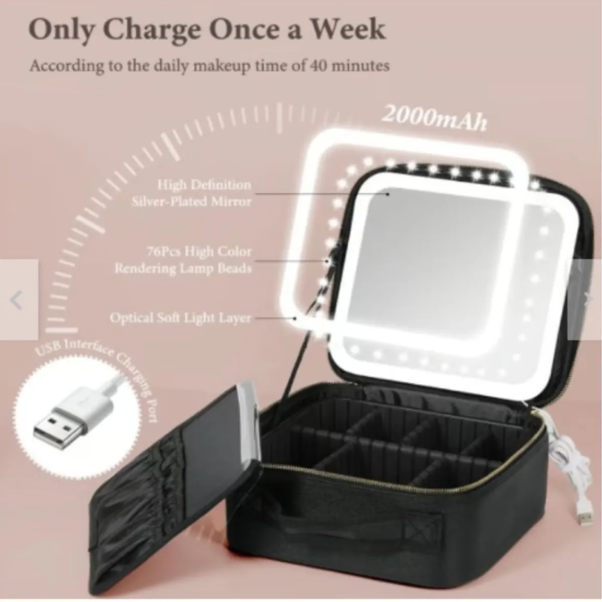 ORGANIZADOR DE MAQUILLAJE CON ESPEJO LED RECARGABLE LUZ AJUSTABLE PORTÁTIL - 4