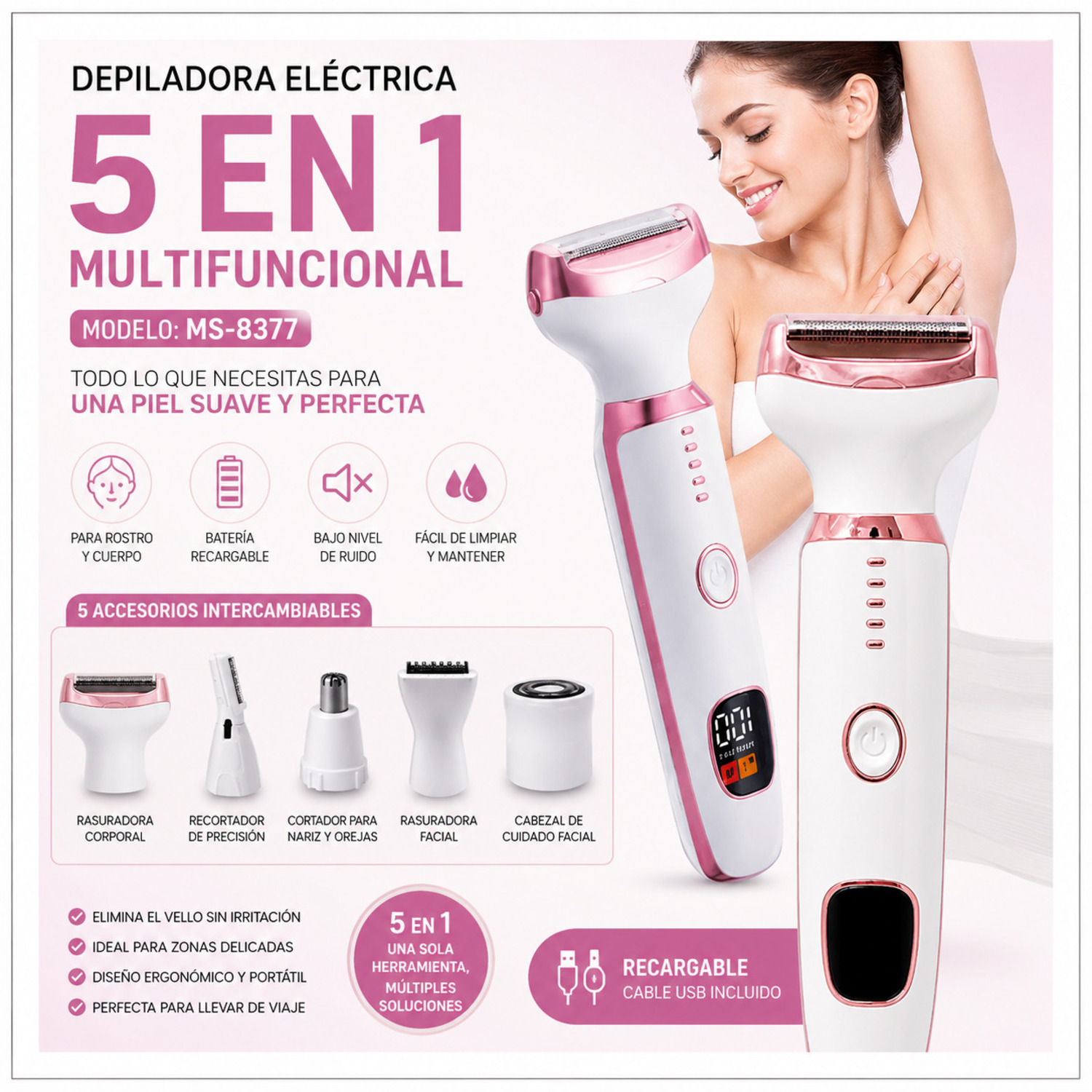 DEPILADORA ELÉCTRICA MULTIFUNCIONAL 5 EN 1 RECARGABLE PARA MUJER - 1