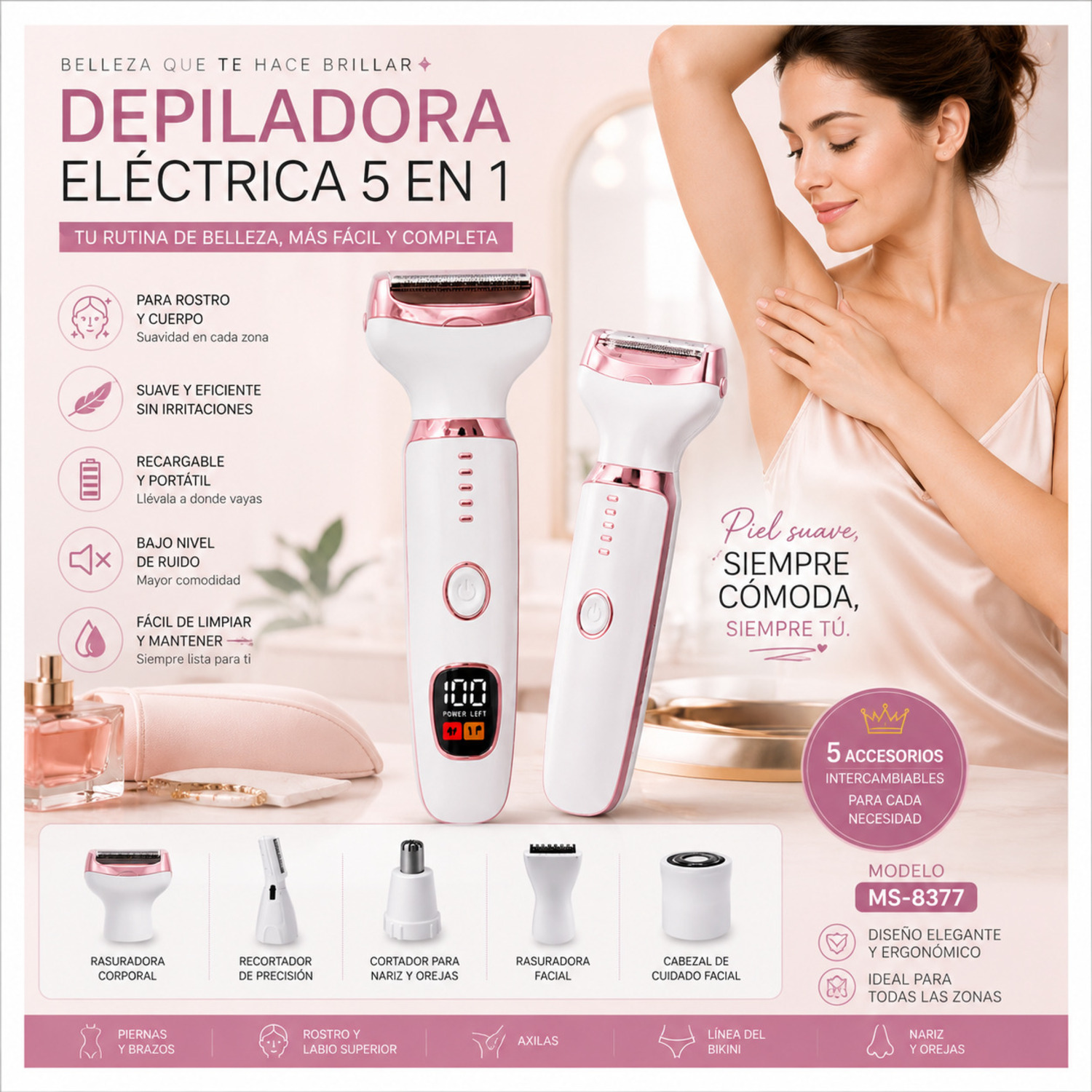 DEPILADORA ELÉCTRICA MULTIFUNCIONAL 5 EN 1 RECARGABLE PARA MUJER - 3