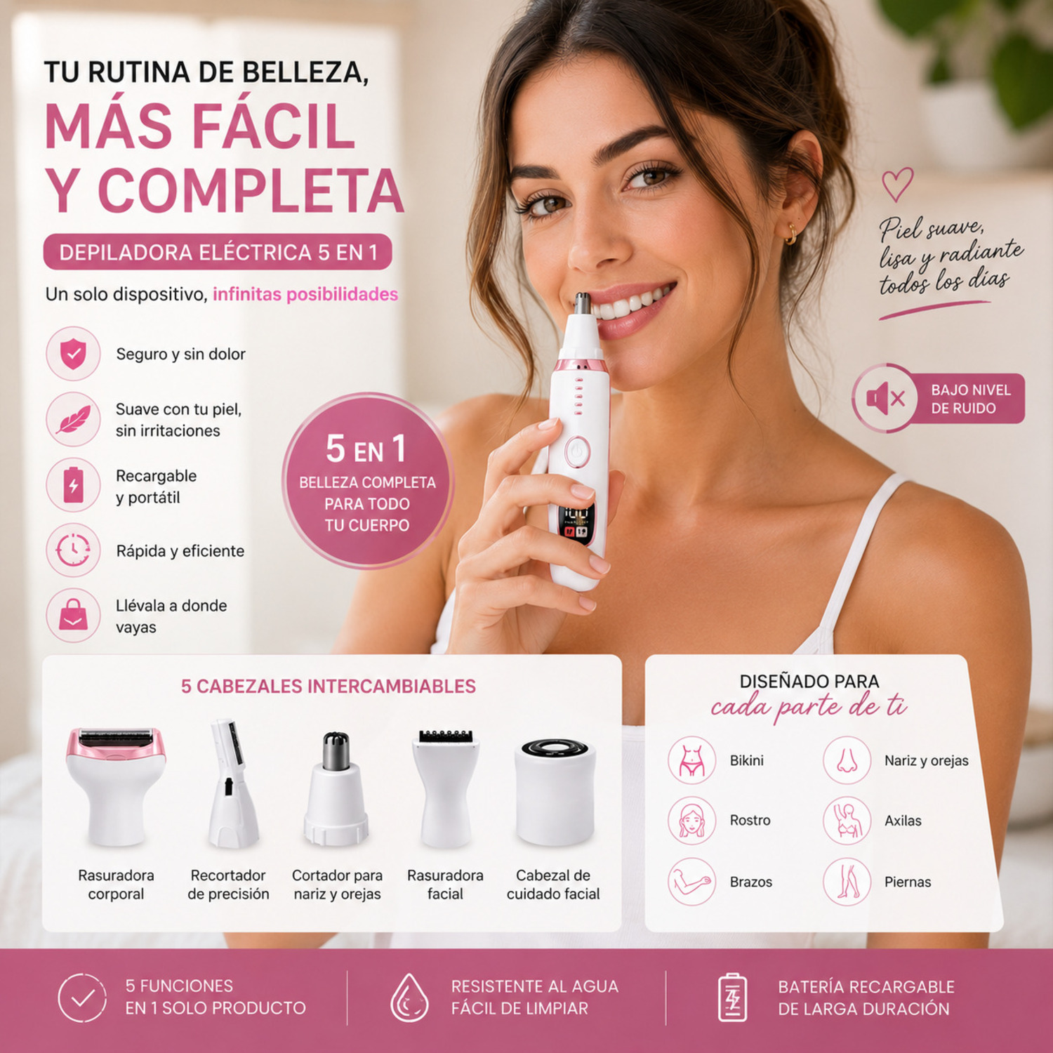 DEPILADORA ELÉCTRICA MULTIFUNCIONAL 5 EN 1 RECARGABLE PARA MUJER - 7