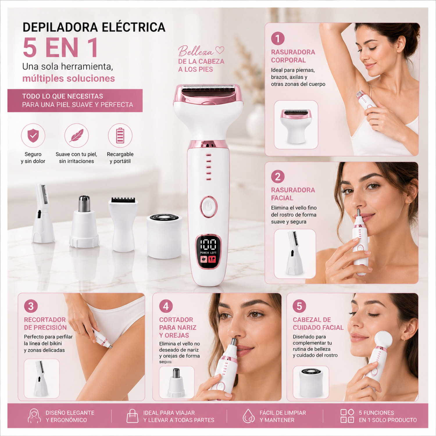 DEPILADORA ELÉCTRICA MULTIFUNCIONAL 5 EN 1 RECARGABLE PARA MUJER - 8