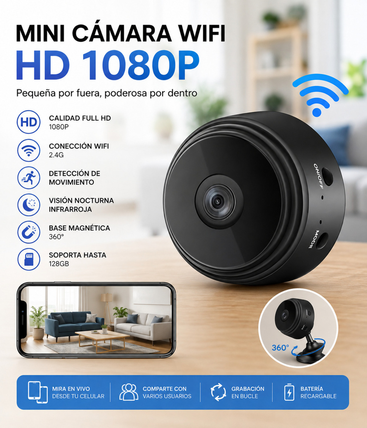 MINI CÁMARA ESPÍA WIFI FHD INALÁMBRICA COLOR NEGRO IMANTADA - 2