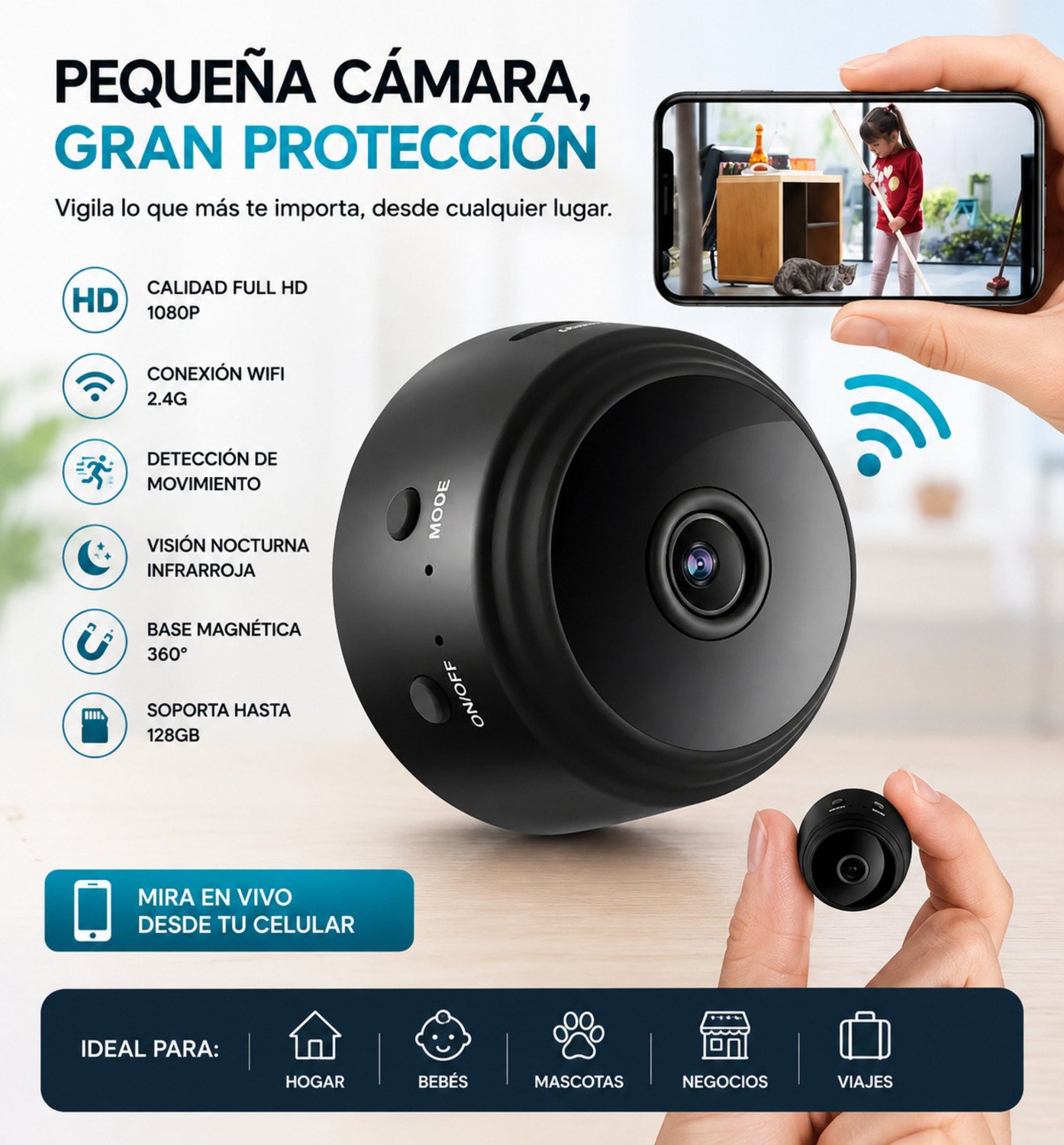 MINI CÁMARA ESPÍA WIFI FHD INALÁMBRICA COLOR NEGRO IMANTADA - 3