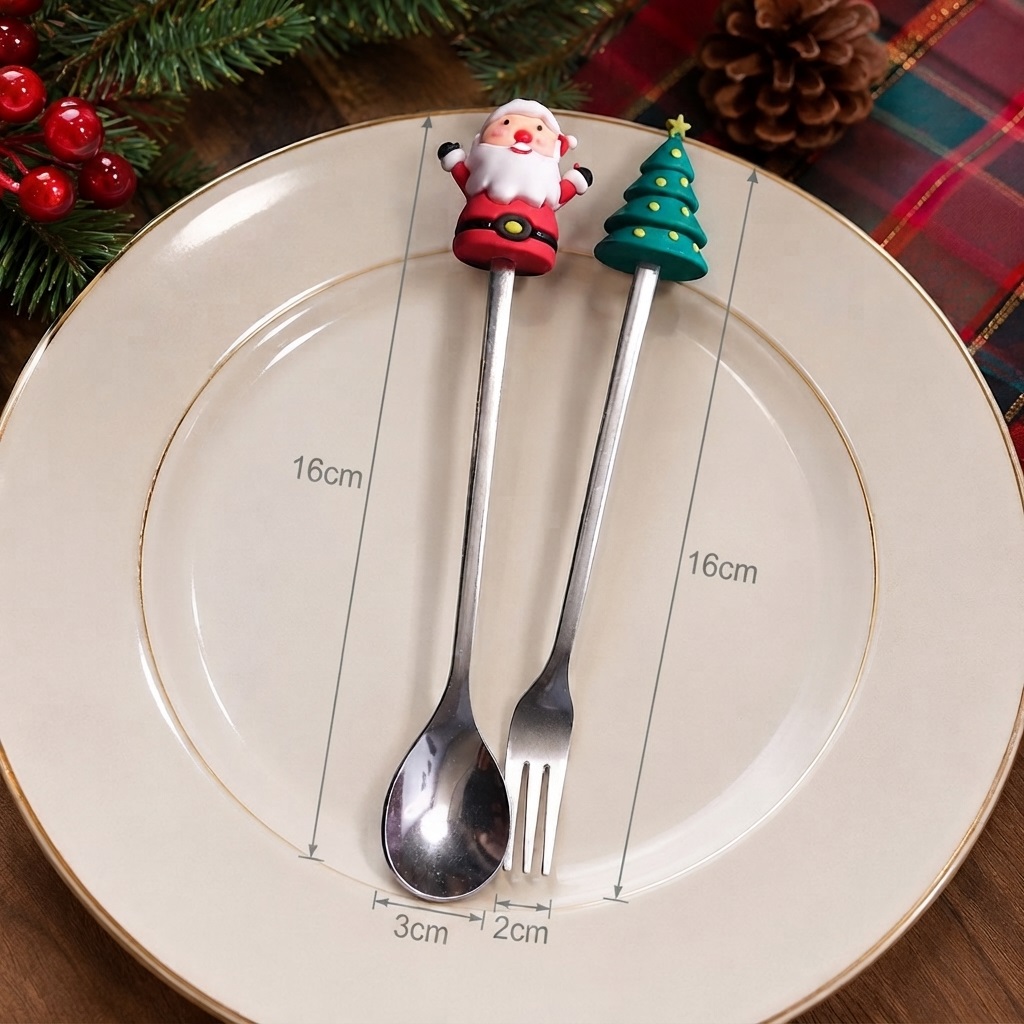 3 JUEGOS DE CUCHARAS Y TENEDORES PARA POSTRE CUBIERTOS NAVIDEÑOS EN CAJITA - 3