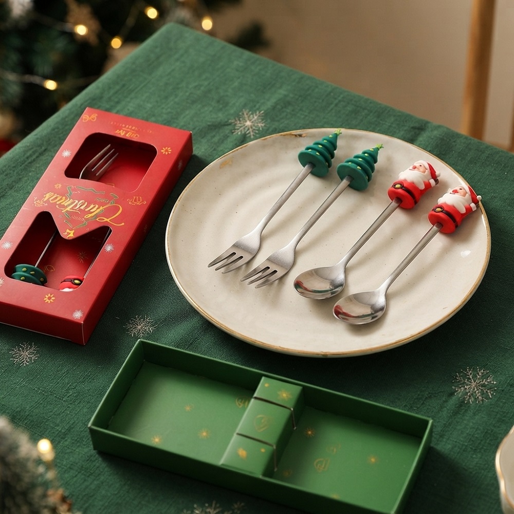 3 JUEGOS DE CUCHARAS Y TENEDORES PARA POSTRE CUBIERTOS NAVIDEÑOS EN CAJITA - 4