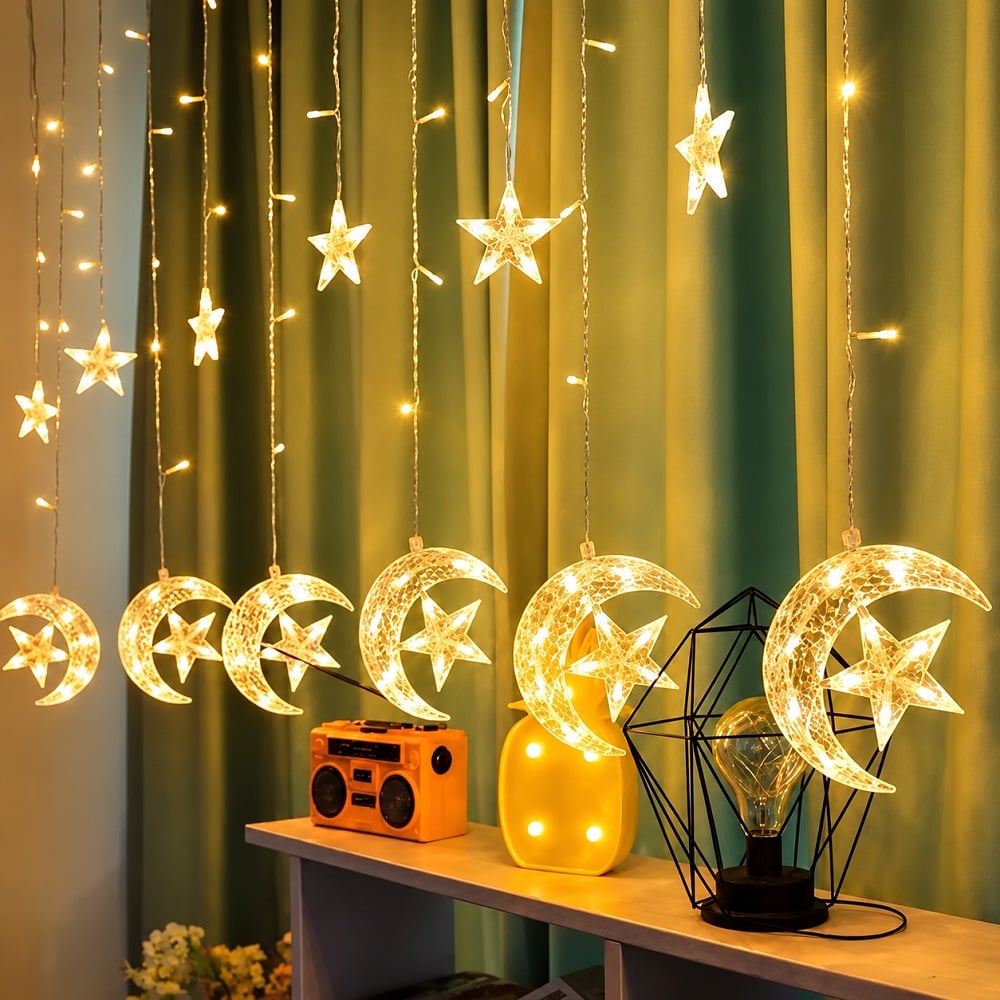 CASCADA DE LUCES LED AMBAR LUNA CON UNA ESTRELLA 3MTS - 1