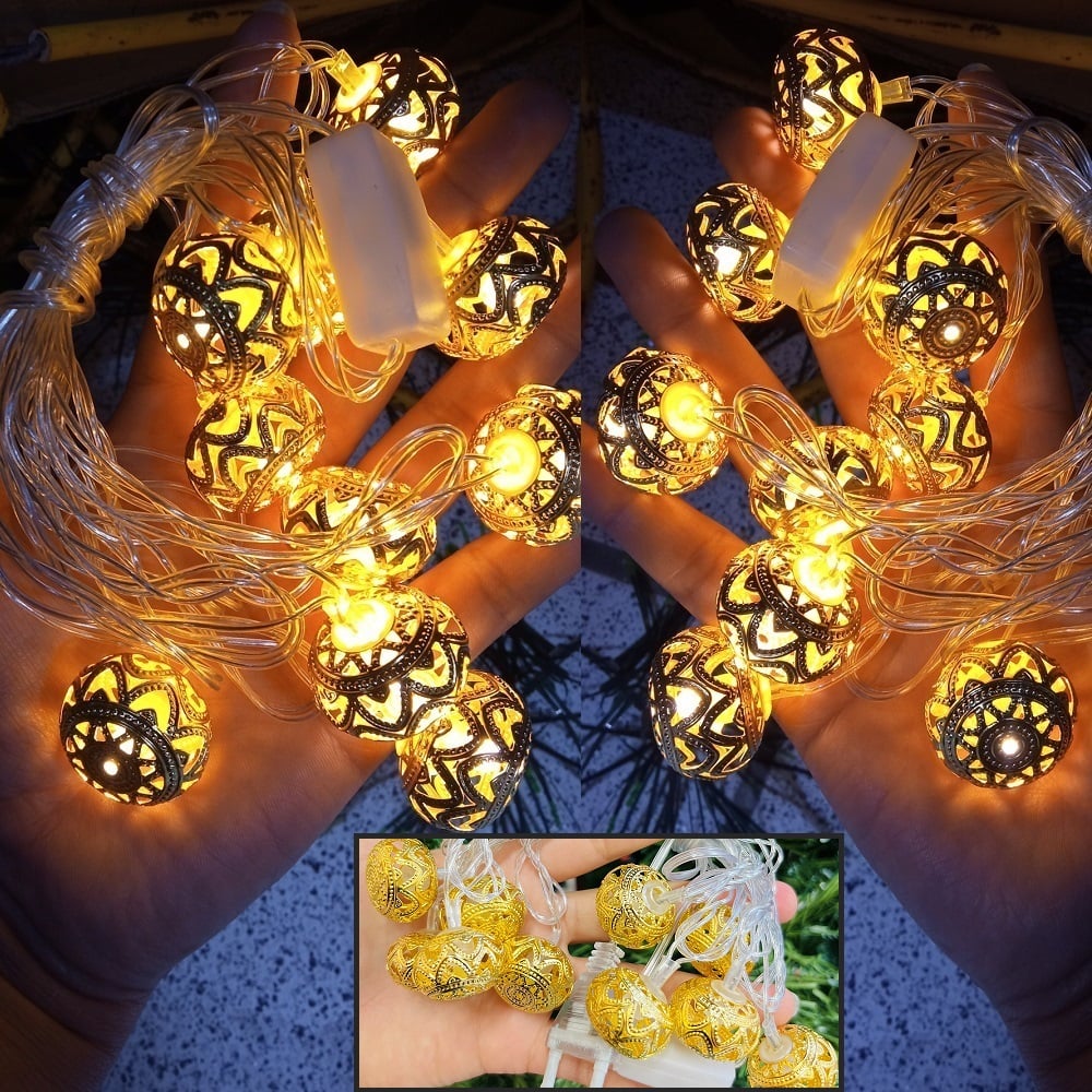 SET DE 2 TIRAS DE LUCES LED CHINAS DE BOLITAS ESFERAS DORADAS DE METAL - 1