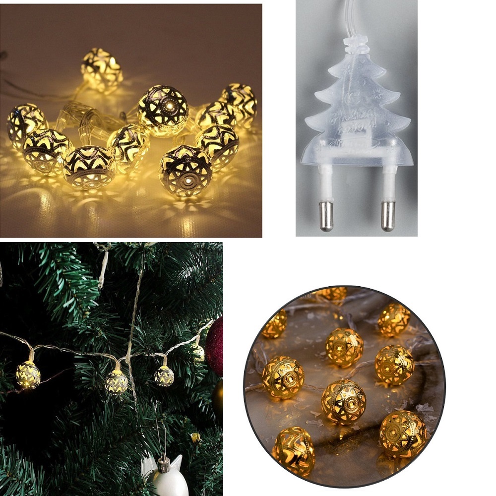 SET DE 2 TIRAS DE LUCES LED CHINAS DE BOLITAS ESFERAS DORADAS DE METAL - 2