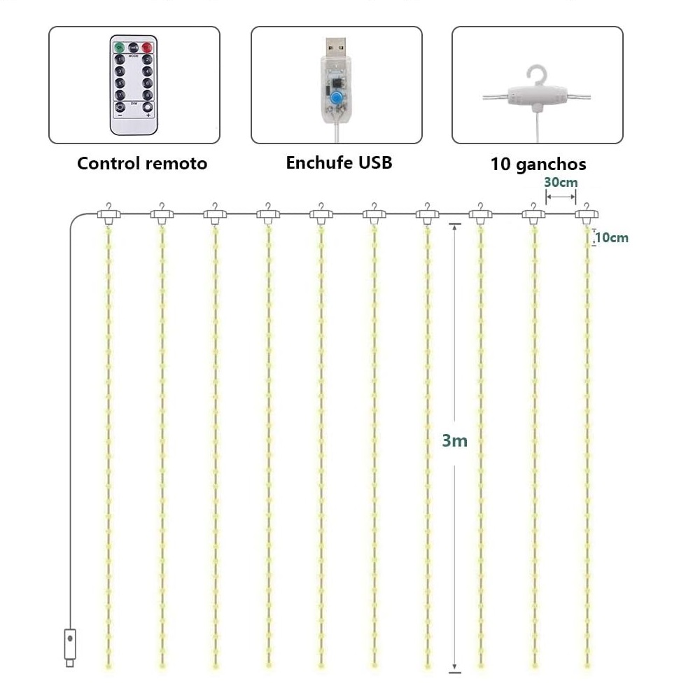 CORTINA DE LUCES LED CASCADA HADA CON ENTRADA USB CON CONTROL - 4