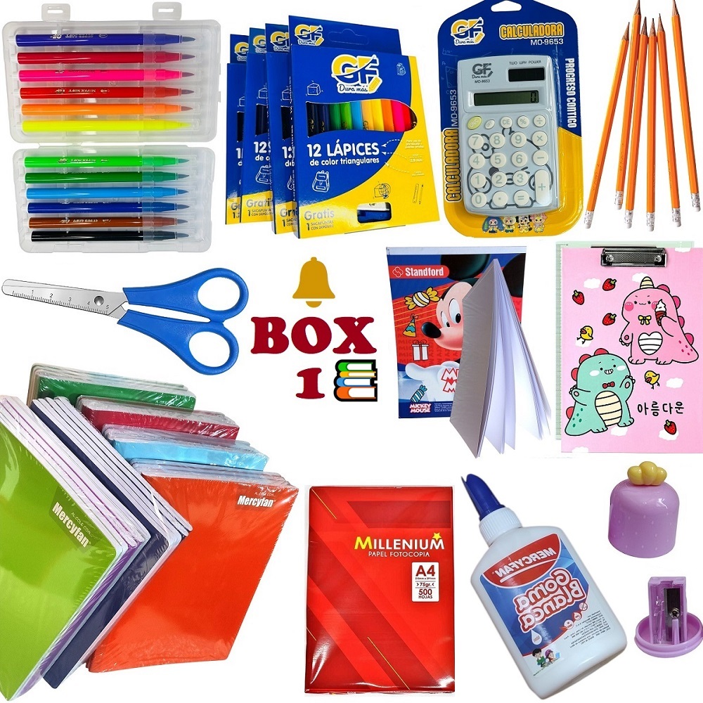 BOX 5 - CUADERNOS LAPICES PLUMONES TIJERAS PINTURAS Y OTROS - 1