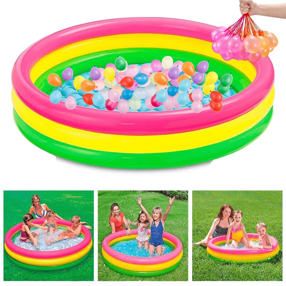 PISCINA INFLABLE CIRCULAR 150CM DIÁMETRO + 3 RAMILLETE DE 111 GLOBOS - 1