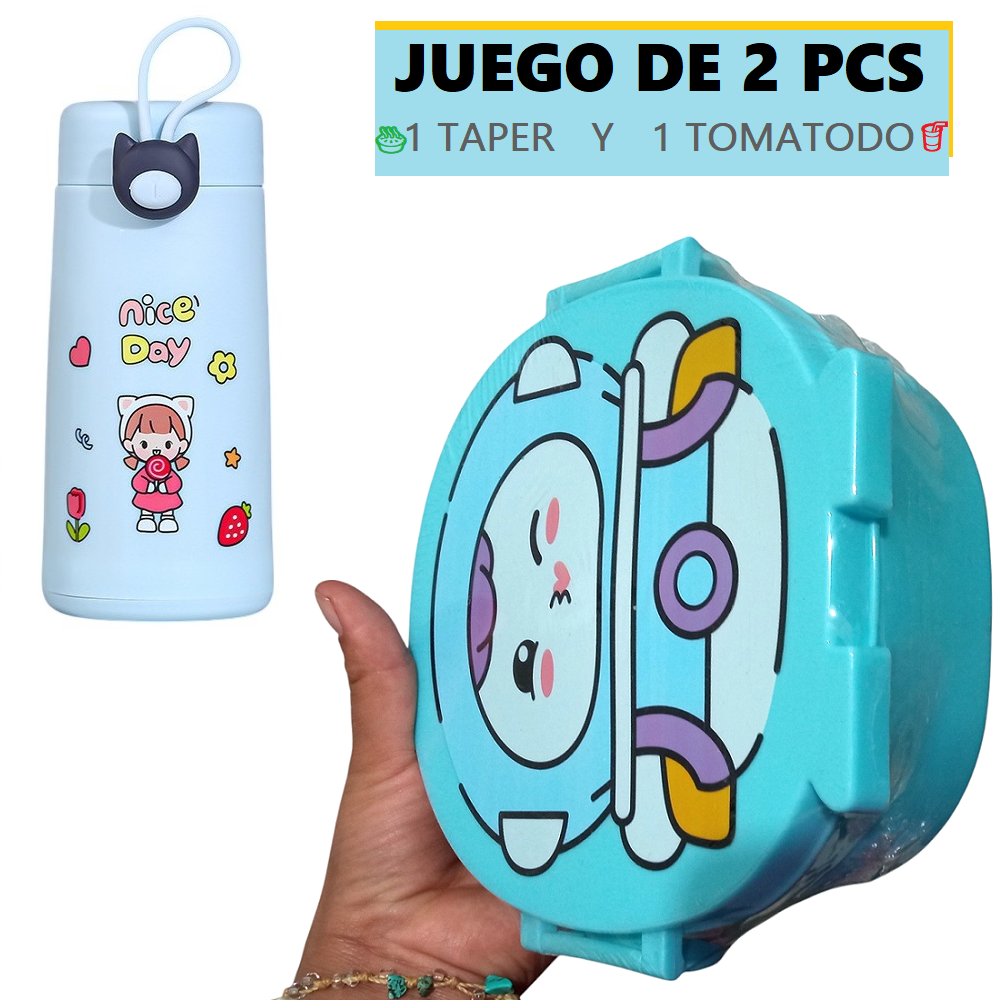 SET DE 1 TOMATODO BOTELLA DE 300ML Y 1 TAPER DE 3 COMPARTIMENTOS ROSA - 1