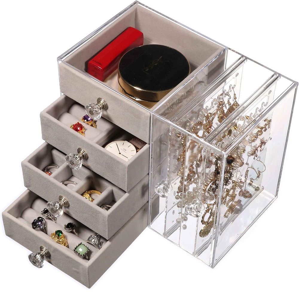 JOYERO ORGANIZADOR DE JOYAS CON 4 CAJONES GRIS - 1