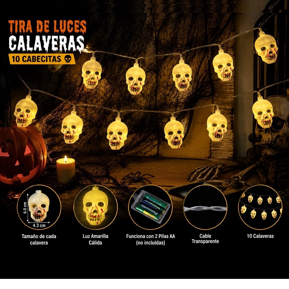 TIRA DE LUCES LED HALLOWEEN CABEZAS DE CALAVERA 2MTS - 1