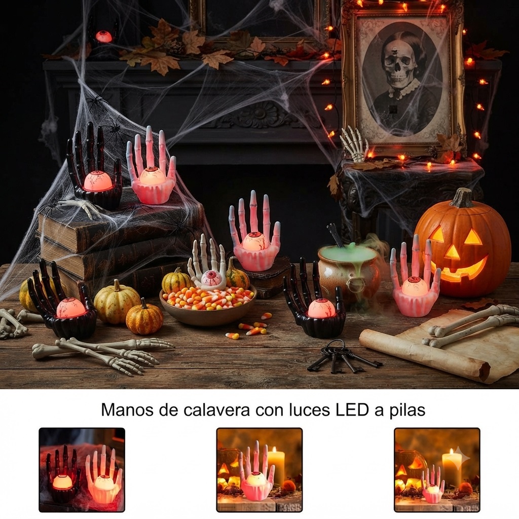 4 Luces LED a pila Manos Esqueleto con Ojo Decoración de Halloween - 2