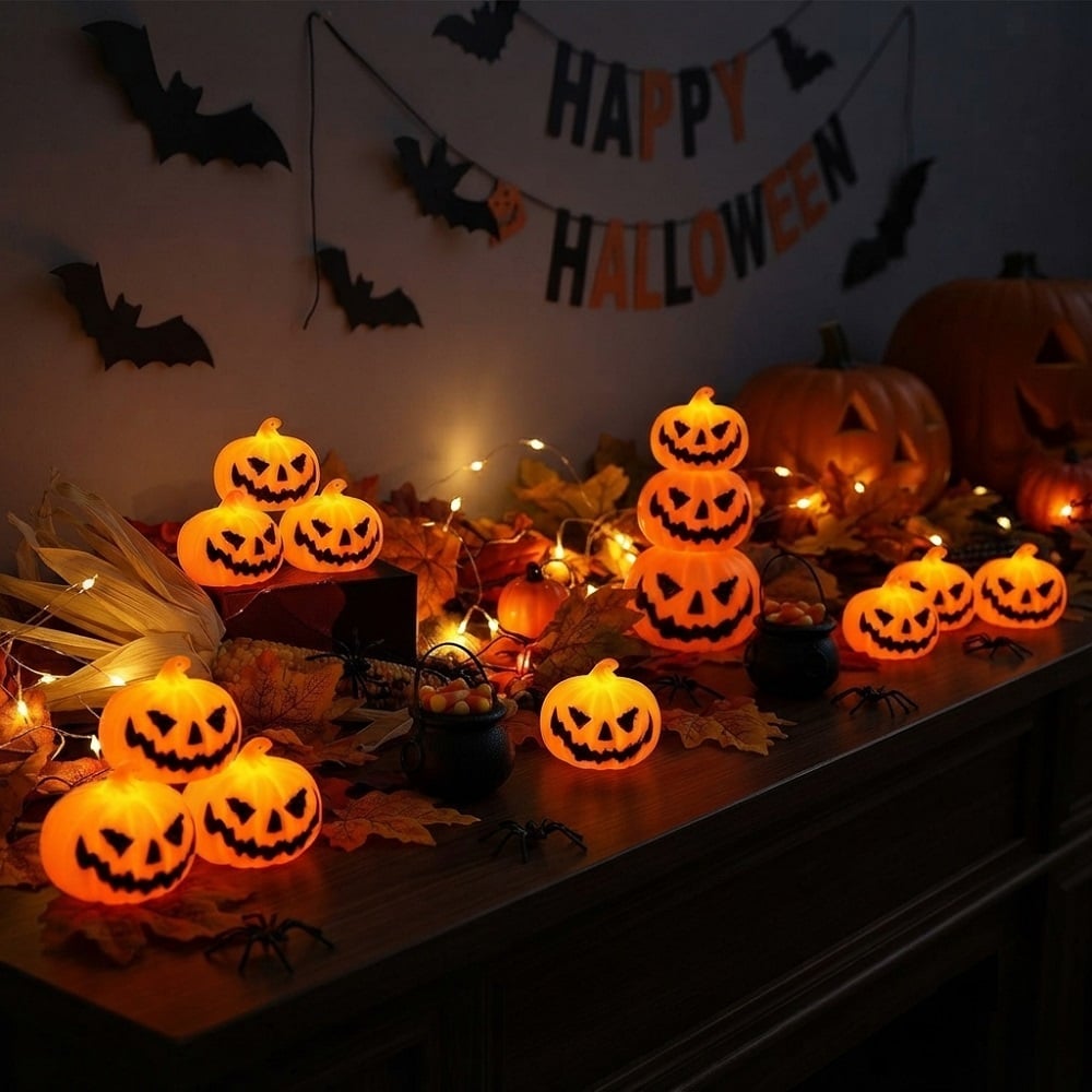 SET DE 5 LUCES DECORATIVAS MINI CALABAZAS A PILA PARA HALLOWEEN - 2