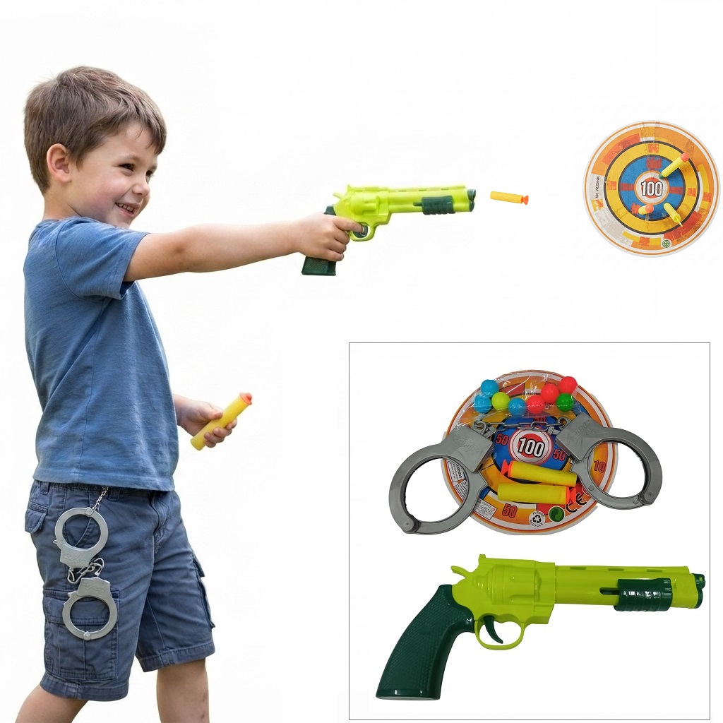 2 PISTOLAS DE JUGUETE JUEGO DE GRILLETES Y DARDOS - 1