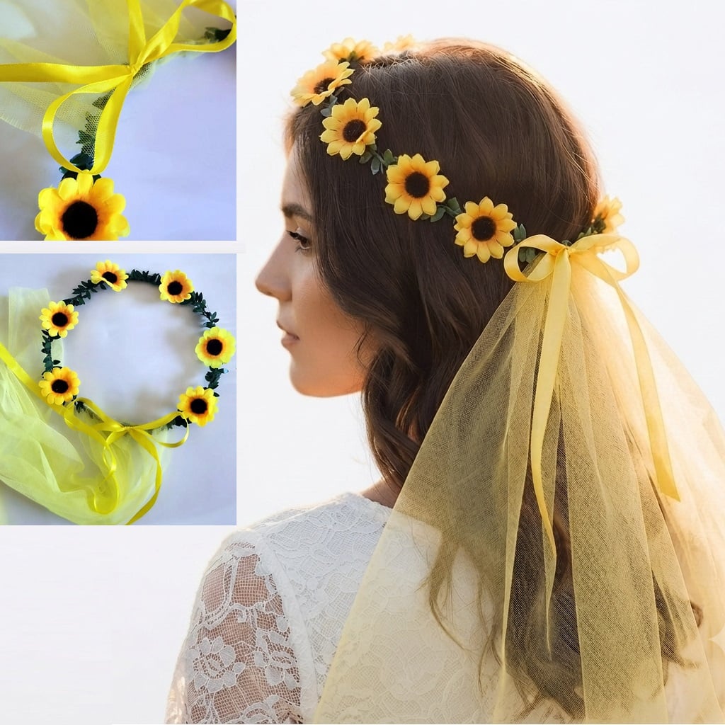 SET DE 3 DIADEMAS PARA LA CABEZA CORONAS DE FLORES AMARILLAS - 1